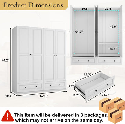 Armoire Wardrobe Closet with Drawers: 63" White Wardrobe Closet with 4 Doors and 2 Drawers, Wood Clothes Armoire with Hanging Rod, Clothing Storage Cabinet for Bedroom