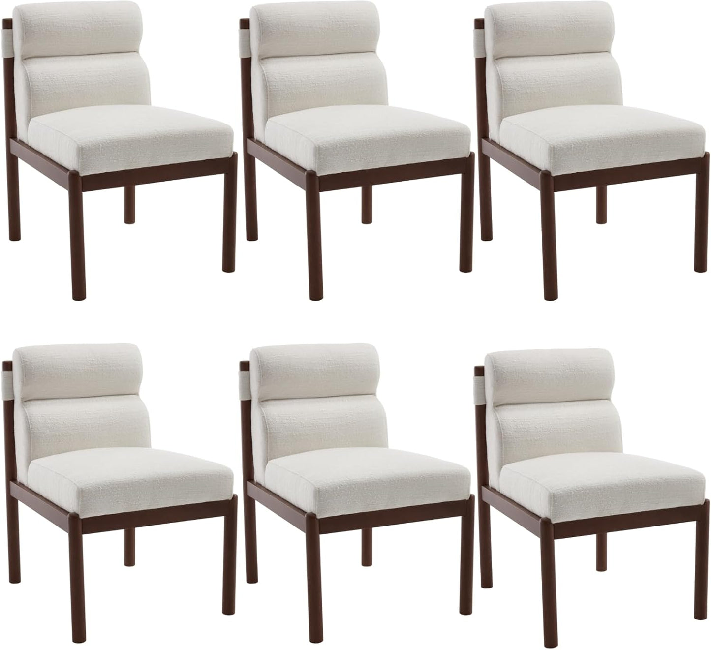 CIMOTA Modern Upholstered Dining Chairs Set of 6, Linen Fabric Kitchen & Dining Room Chairs Boucle Armless Side Chairs with Curved Backrest/Solid Wood Legs, Cream White