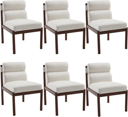 CIMOTA Modern Upholstered Dining Chairs Set of 6, Linen Fabric Kitchen & Dining Room Chairs Boucle Armless Side Chairs with Curved Backrest/Solid Wood Legs, Cream White
