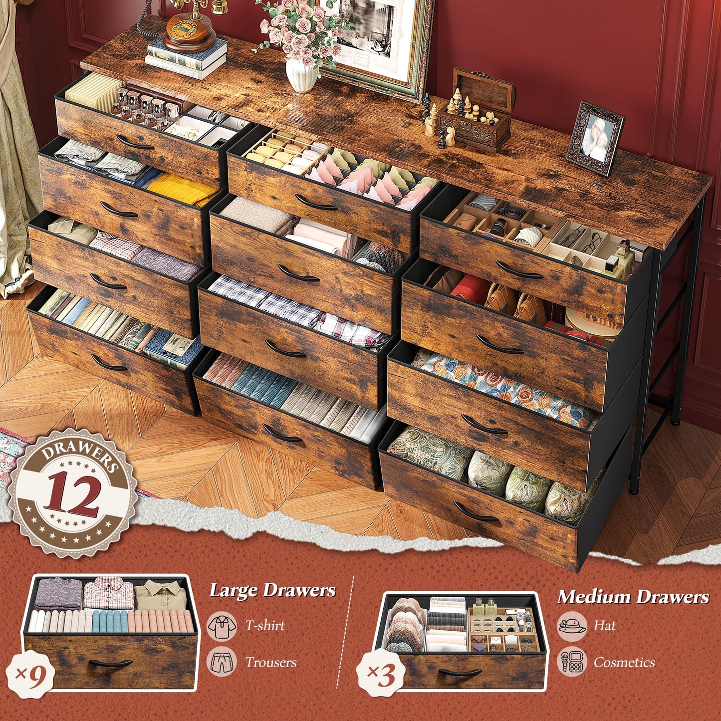 ROMORGNIZ 55" Dresser with 12 Drawers for Bedroom & TV