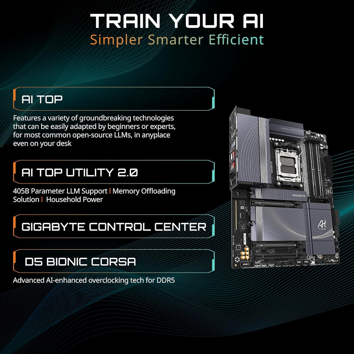 GIGABYTE B850 AI TOP AMD AM5 ATX Motherboard, Support AMD Ryzen 9000/8000/7000 Series, DDR5, 16+2+2 Power Phase, 3X M.2, PCIe 5.0, USB-C, WIFI7, 10GbE, EZ-Latch, 5-Year Warranty