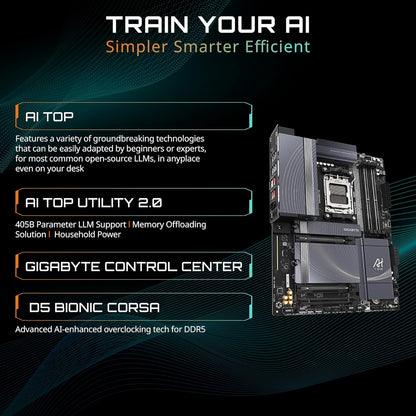 GIGABYTE B850 AI TOP AMD AM5 ATX Motherboard, Support AMD Ryzen 9000/8000/7000 Series, DDR5, 16+2+2 Power Phase, 3X M.2, PCIe 5.0, USB-C, WIFI7, 10GbE, EZ-Latch, 5-Year Warranty