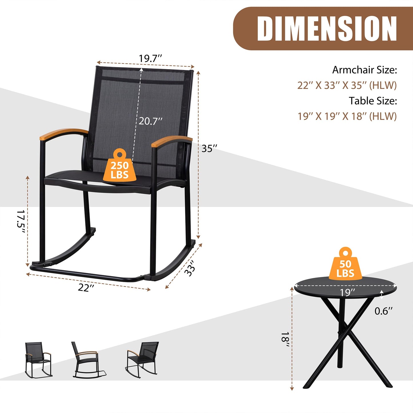 SHINTENCHI 3 Piece Outdoor Rocking Bistro Set - Black Patio Furniture