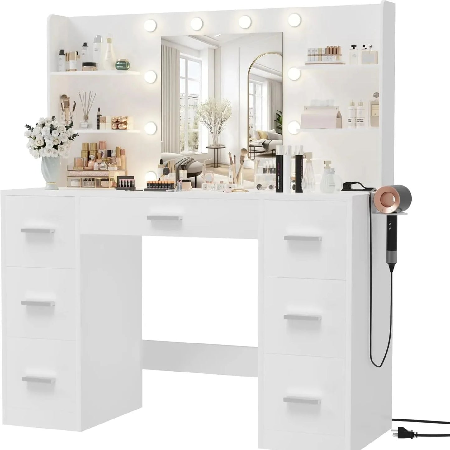 Vanity Desk with Mirror LED Lights and Power Outlet Makeup with 7 Drawers