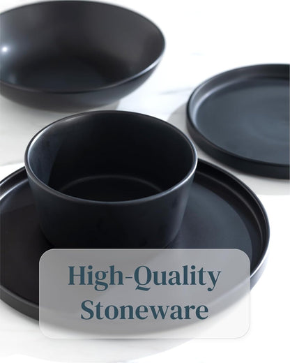 32 Piece Black Dinnerware Set for 8 | Matte Black Plates and Bowls Sets, Modern Stoneware Black Dishes Set | Scratch Resistant, Dishwasher & Microwave Safe | Matte Black Finish Ultra-Chic & Modern