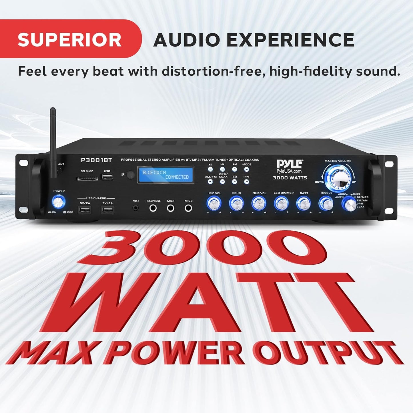 Pyle 3000W Multi-Channel Bluetooth Wireless Power Amplifier - Rack Mount - Stereo Receiver w/ FM Radio - USB/SD - Dual Mic w/ Echo - RCA - Headphone - LED Display - Cooling Fan - P3001BT