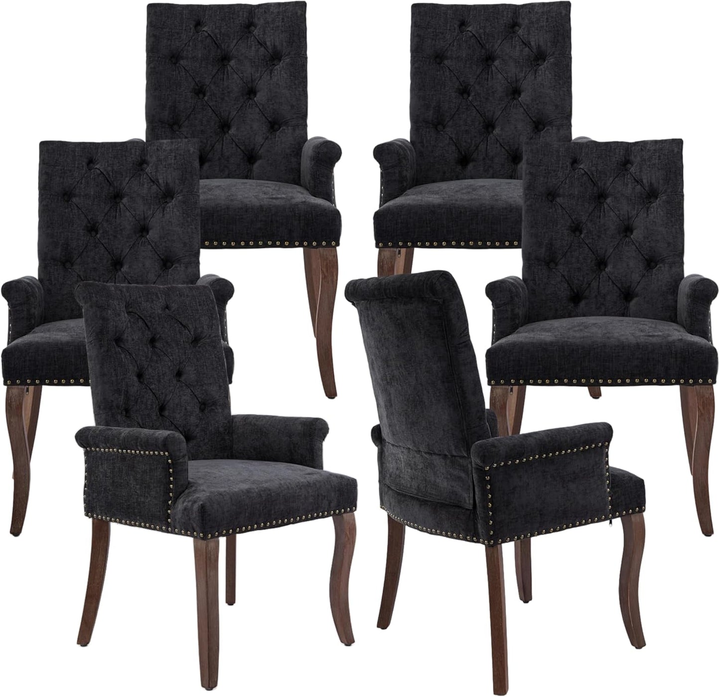 Upholstered Tufted Chenille Dining Chairs with Arms & Nailhead Trim – Solid Wood Frame & Legs, Modern Farmhouse for Dining, Kitchen & Living Room (Set of 6, Charcoal Gray)