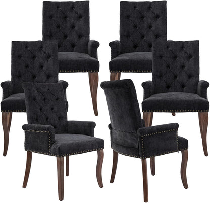 Upholstered Tufted Chenille Dining Chairs with Arms & Nailhead Trim – Solid Wood Frame & Legs, Modern Farmhouse for Dining, Kitchen & Living Room (Set of 6, Charcoal Gray)