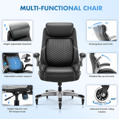 COLAMY Office Ergonomic Desk High Back Executive Chair with Pop-Out Lumbar Support, Upgraded Casters, Adjustable Headrest, Flip-Up Arms, Leather Home with Thick Cushion for Comfort - Black