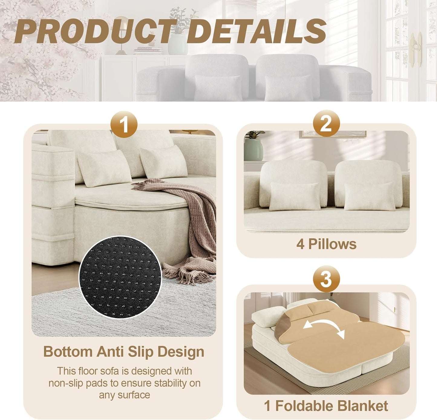 75'' Folding Sleeper Sofa Bed, Convertible Memory Foam Boneless Couch, Foldable Full Size Guest Bed, Modern 2-in-1 Futon Floor Sleeper Sofa with 4 Pillows and Blanket (Chenille, Beige1)