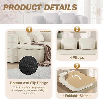 75'' Folding Sleeper Sofa Bed, Convertible Memory Foam Boneless Couch, Foldable Full Size Guest Bed, Modern 2-in-1 Futon Floor Sleeper Sofa with 4 Pillows and Blanket (Chenille, Beige1)