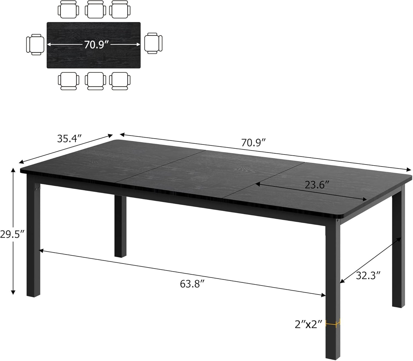 GarveeHome 70.8 in Industrial Dining Table for 6, Wooden Long Dinner Table with Mortise Tenon Design, Kitchen Table with Sturdy Metal Legs, for Dining Room Home Office Living Room, Black