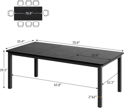 GarveeHome 70.8 in Industrial Dining Table for 6, Wooden Long Dinner Table with Mortise Tenon Design, Kitchen Table with Sturdy Metal Legs, for Dining Room Home Office Living Room, Black