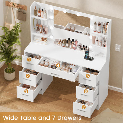 QUIMOO Large Vanity Desk with LED Mirror & Power Outlet