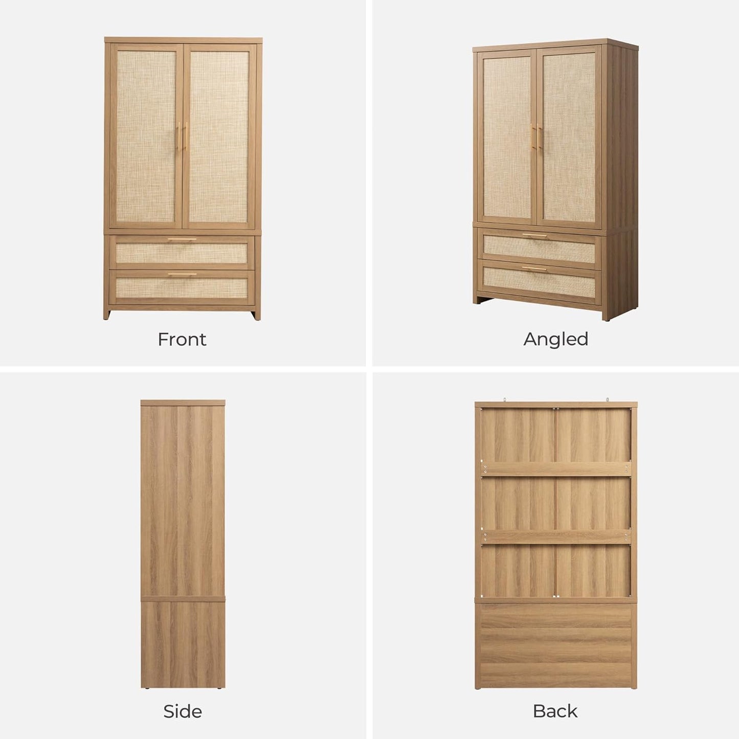 SICOTAS Larger Armoire Wardrobe Closet, 71" Tall Rattan Freestanding Wardrobe Closet Cabinet with Storage and 2 Drawers, Boho Armoire Clothes Organizer with Hanging Rod for Bedroom, Oak (2 Pieces)