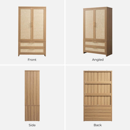 SICOTAS Larger Armoire Wardrobe Closet, 71" Tall Rattan Freestanding Wardrobe Closet Cabinet with Storage and 2 Drawers, Boho Armoire Clothes Organizer with Hanging Rod for Bedroom, Oak (2 Pieces)