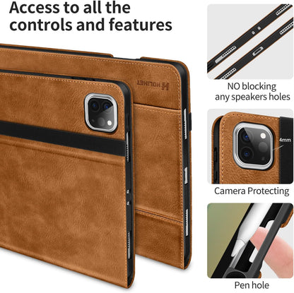 H HOLIMET Case for iPad Pro 11 inch M5 2025/M4 2024 with Pencil Holder Supports Pencil Pro and Pencil Auto Sleep/Wake Function Vegan Leather Smart Stand Cover (Brown)