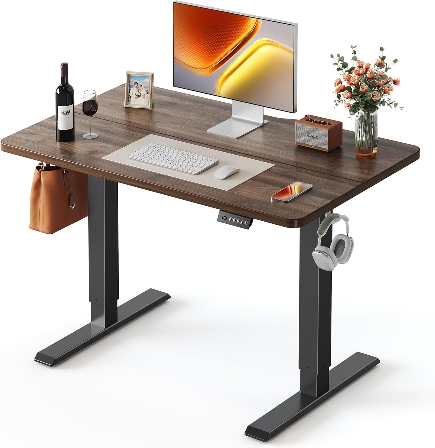 FEZIBO 40 x 24 Inchs Electric Standing Desk, Height Adjustable, Sit Stand Up, Computer Office Desk with Splice Board, Black Frame/Black Walnut Top