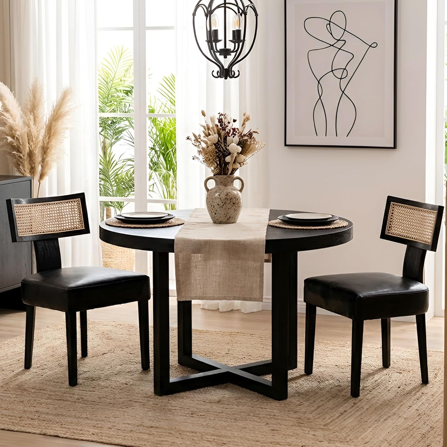 HNY Mid Century Modern Rattan Dining Chairs Set of 2, Farmhouse PU Leather Upholstered Accent Chair Curved Backrest Kitchen Chairs, with Black Hardwood Frame, Black