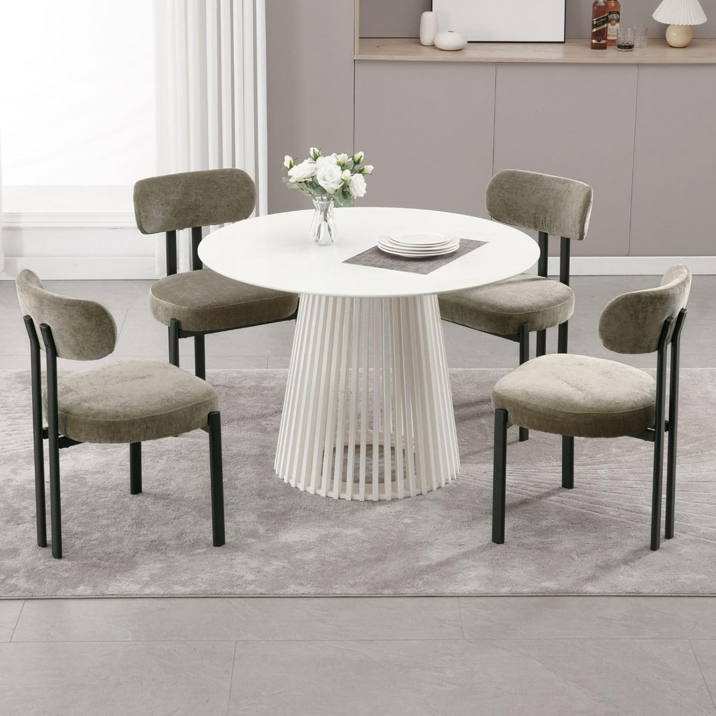 LukeAlon Chenille Dining Chairs Set of 6, Modern Upholstered Armless Kitchen Chairs with Black Metal Legs Curved Back Dining Room Chairs Reception Chair for Living Room Office, Green