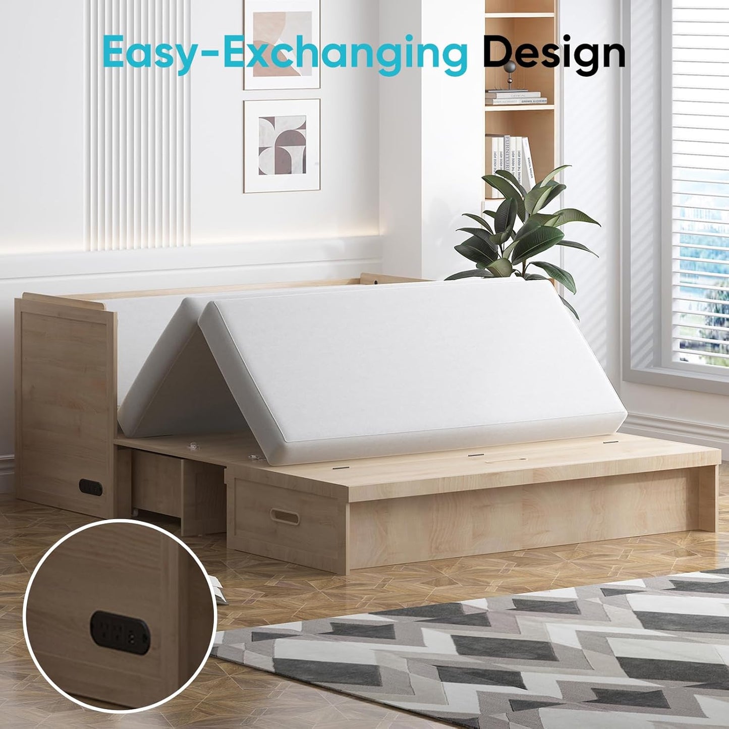 CECER Queen Size Murphy Bed with Tri-Folding Mattress .Murphy Bed with Charging Station and Two Large Storage Drawers for Small Spaces/Bedroom（Natural Wood）-Mattress Include