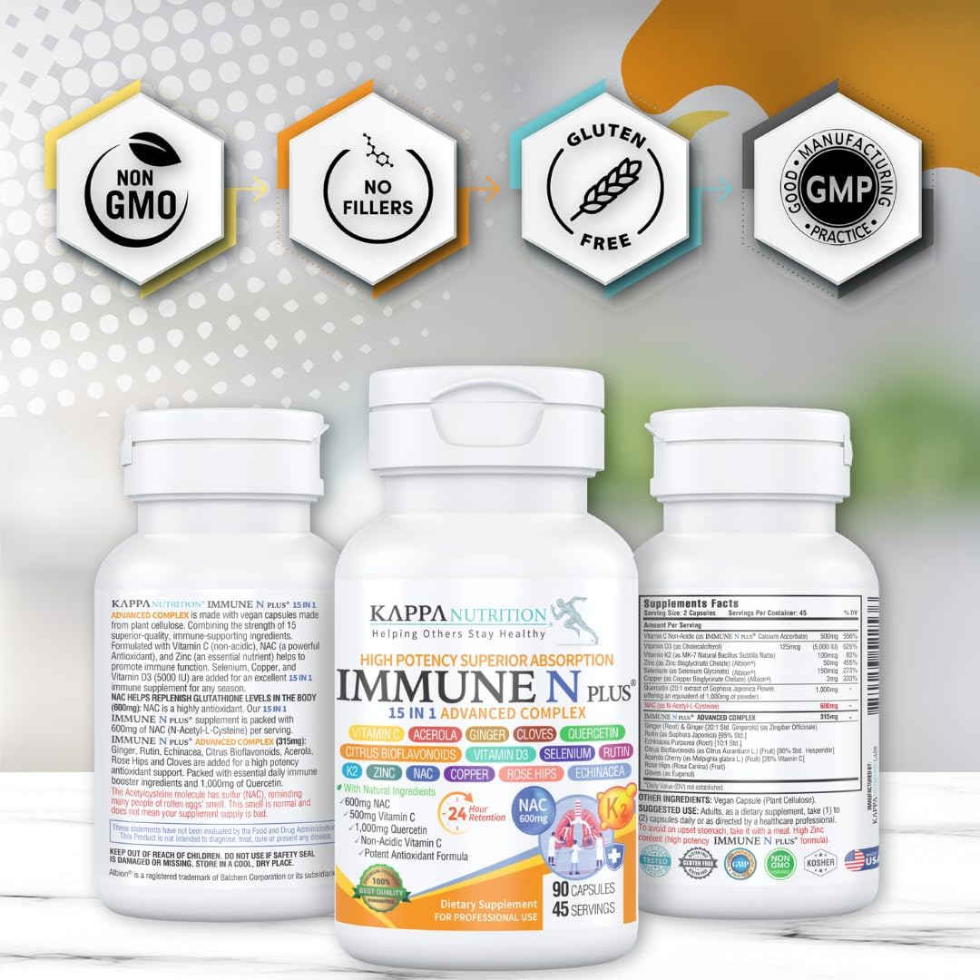 (90 Capsules), NAC 600mg, Quercetin 1,000mg, Vitamin C 500mg, Zinc 50mg, Vitamin D3 5,000iu, Selenium, Copper, Acerola, Ginger, Rutin, Citrus Bioflavonoids, Rose Hips, Echinacea, Immune N Plus 15 in 1