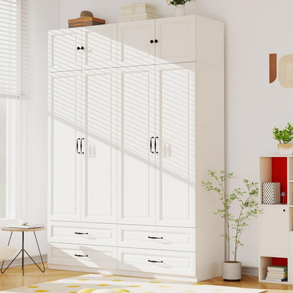 White Armoire Wardrobe Closet with Drawers: Bedroom Armoires with Hanging Rod, Wooden Closet Cabinet for Hanging Clothes, Tall Wardrobes Closets with Doors and Shelves (63")