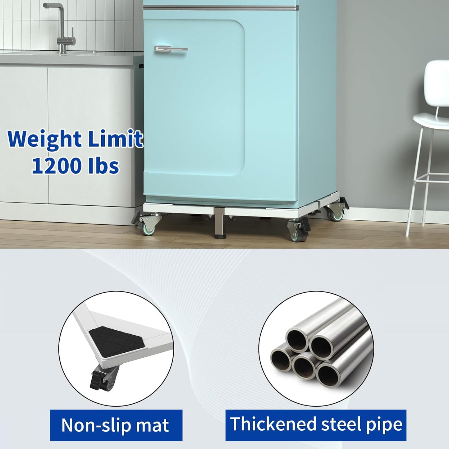 Heavy Duty All Steel Fridge Stand with Wheels Mobile Base Universal Adjustable Washing Machine Stand Multi-Functional Base Furniture Dolly for Refrigerator, Washer and Dryer（White/Large）