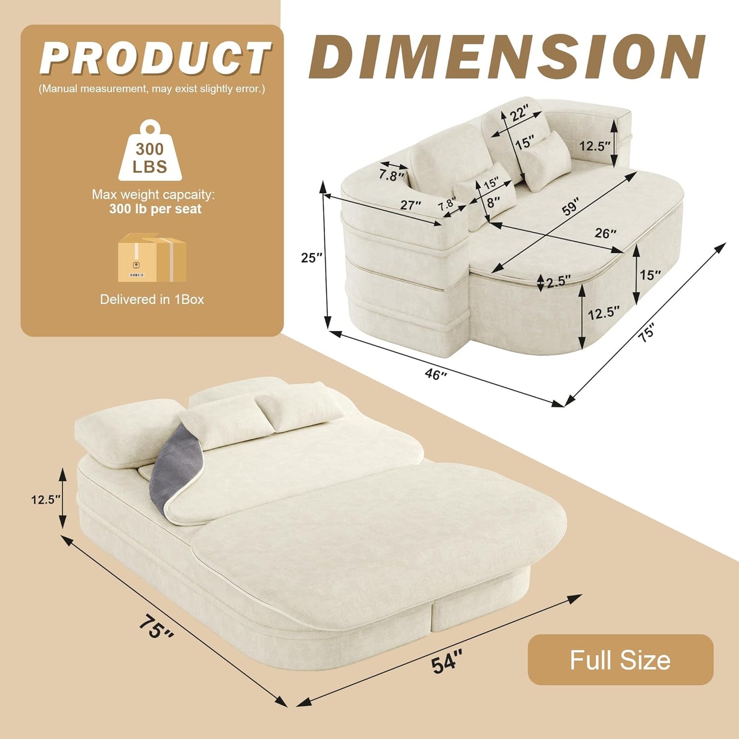 75'' Folding Sleeper Sofa Bed, Convertible Memory Foam Boneless Couch, Foldable Full Size Guest Bed, Modern 2-in-1 Futon Floor Sleeper Sofa with 4 Pillows and Blanket (Chenille, Beige1)