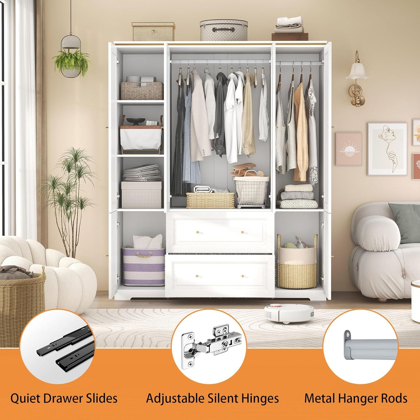 Armoire Wardrobe Closet with Drawers: Large White Wardrobe Closet with 4 Doors and 2 Drawers, Wooden Bedroom Armoires Storage Cabinet with Hanging Rod and Shelves (59")