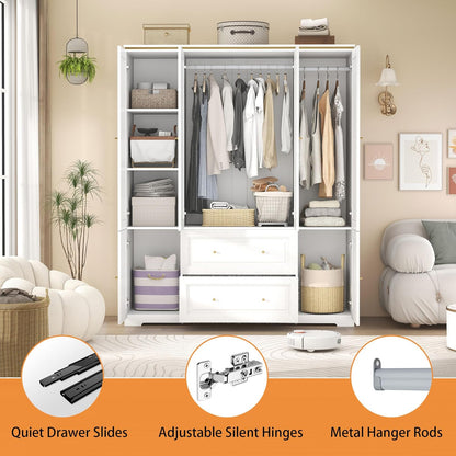 Armoire Wardrobe Closet with Drawers: Large White Wardrobe Closet with 4 Doors and 2 Drawers, Wooden Bedroom Armoires Storage Cabinet with Hanging Rod and Shelves (59")