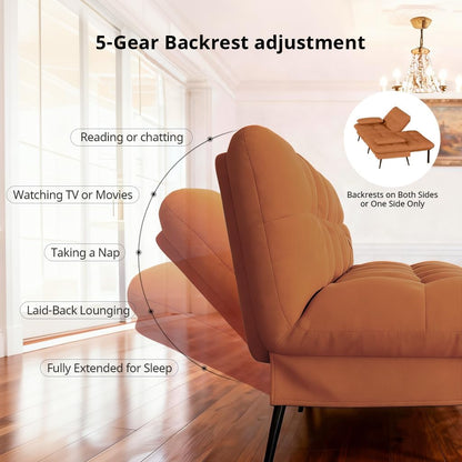 COMHOMA Convertible Sofa Bed,68″Fabric Couch with Adjustable Backrest,Loveseat Recliner Sleeper Living Room Furniture futon Set,Orange