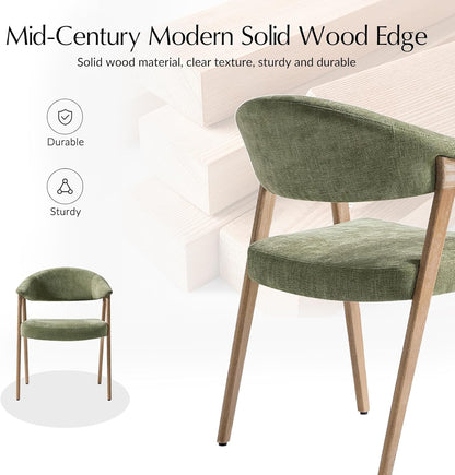 HULALA HOME Mid-Century Modern Dining Chairs Set of 4, Green Wooden Upholstered Kitchen Chairs with Armrest, Curved Backtrst & Wood Legs Armchairs Accent Chairs for Dining Living Room - Moss