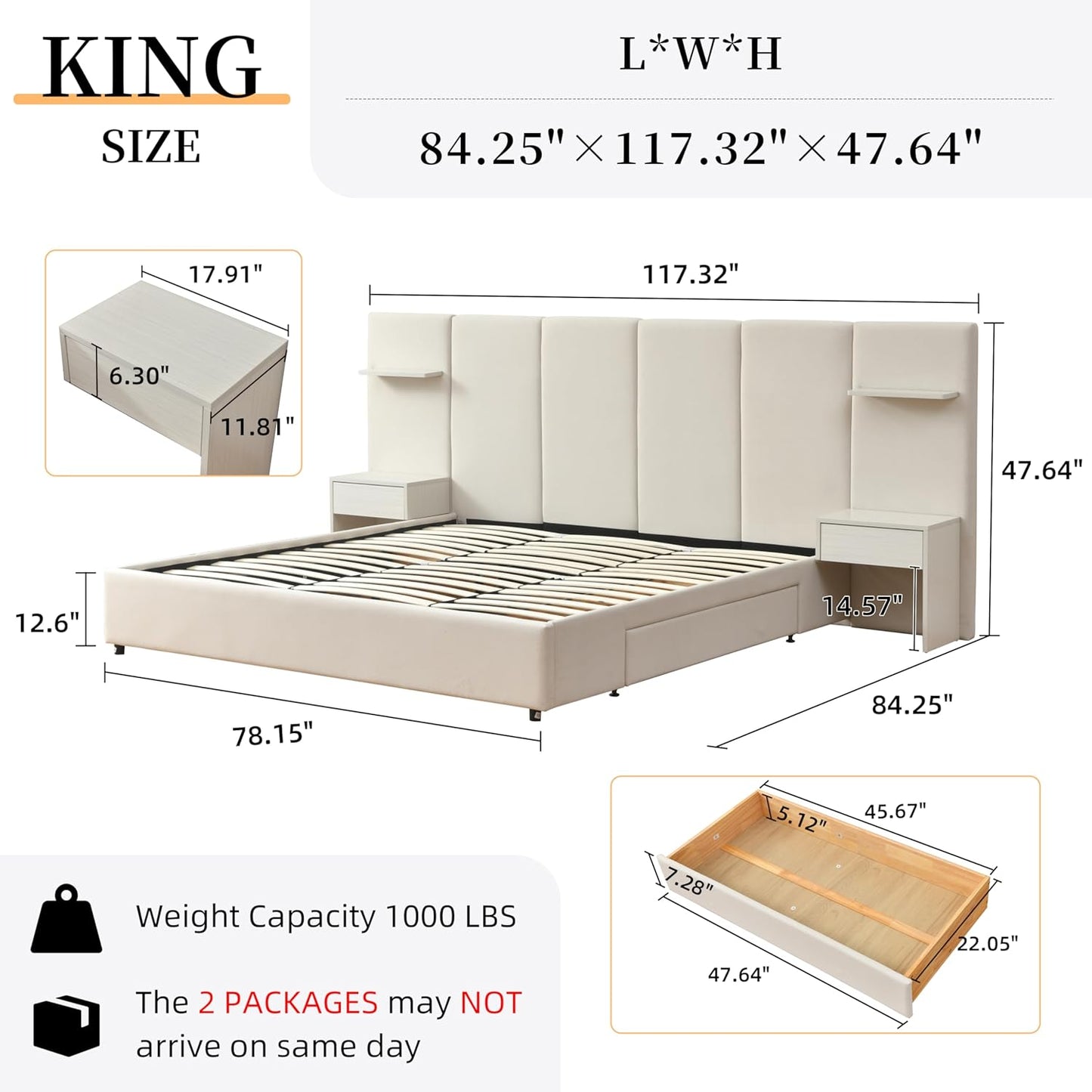 King Bed Frame with Storage & Built-in Nightstands, Velvet Upholstered Platform Bed Frame with Drawers & 2 Floating Storage Shelves, Noise-Free, No Box Spring Needed, Easy Assembly, Beige