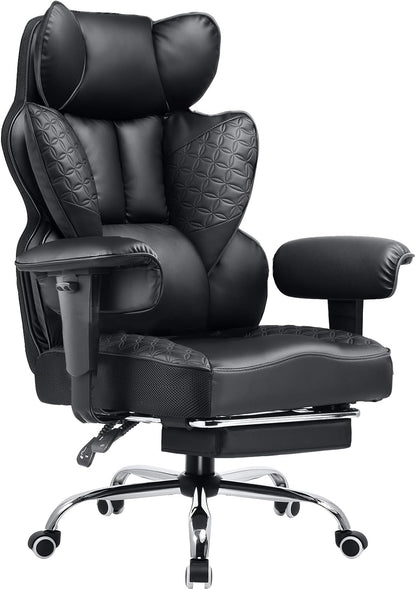 COMHOMA Big and Tall Office Chair Heavy Duty Wide Ergonomic Gaming Chair with Deluxe Embossing Designed Leather with Foot Rest,150°Reclining Adjustable Armrests Pocket Spring Back Support and Pillow