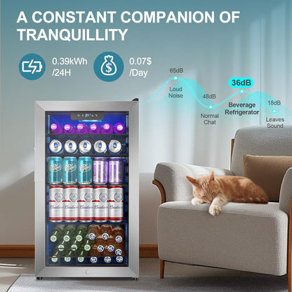 128 Cans Beverage Refrigerator Cooler, 3.2 Cu.Ft Mini Drink Fridge Glass Door for Drink Beer Soda Wine, Beer Fridge with 4 Removable Shelves for Kitchen Bedroom, Office Bar Gaming Room,Stainless Steel