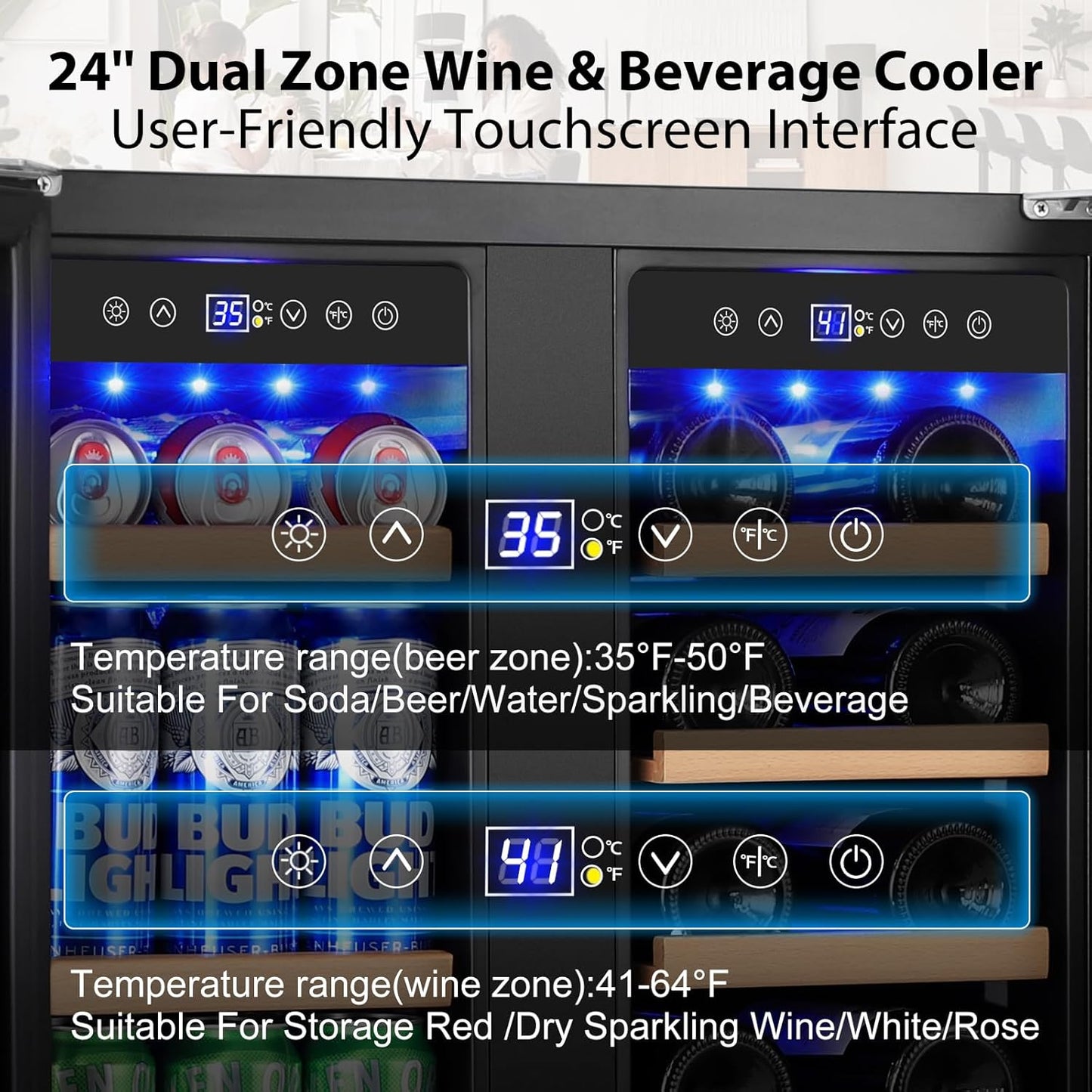 ORYMUSE 24 Inch Dual Zone Wine and Beverage Refrigerator, Built-in or Freestanding Cooler with French Doors, Under Counter Drink Fridge with Upgraded Compressor for Beer, Wine, and Soda