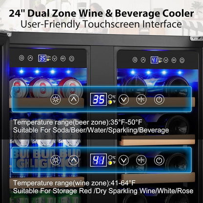 ORYMUSE 24 Inch Dual Zone Wine and Beverage Refrigerator, Built-in or Freestanding Cooler with French Doors, Under Counter Drink Fridge with Upgraded Compressor for Beer, Wine, and Soda