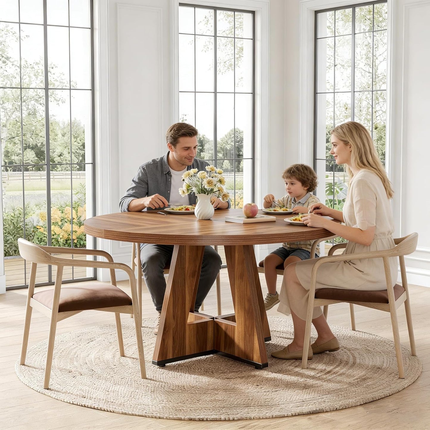 LITTLE TREE Round Dining Table for 4-6 People, 47 Inches Dining Room Table with Wooden Pedestal Base, Brown Dinner Tables, Circle Kitchen Tables for Dining Room, Kitchen, Living Room(Table Only)