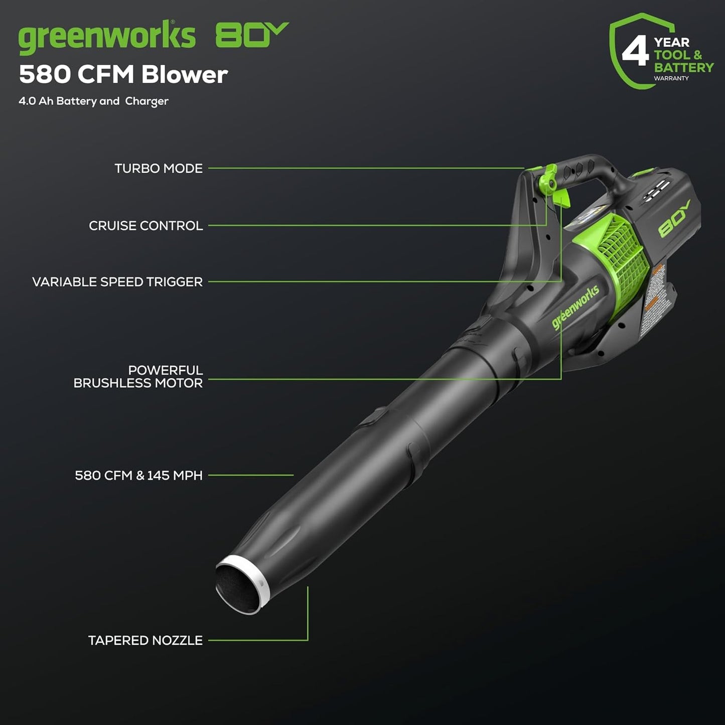 Greenworks 80V 21” Brushless (Self-Propelled) Cordless Electric Lawn Mower + (580 CFM) Axial Leaf Blower (75+ Compatible Tools), 4.0Ah Battery and 60 Minute Rapid Charger, Green and Black
