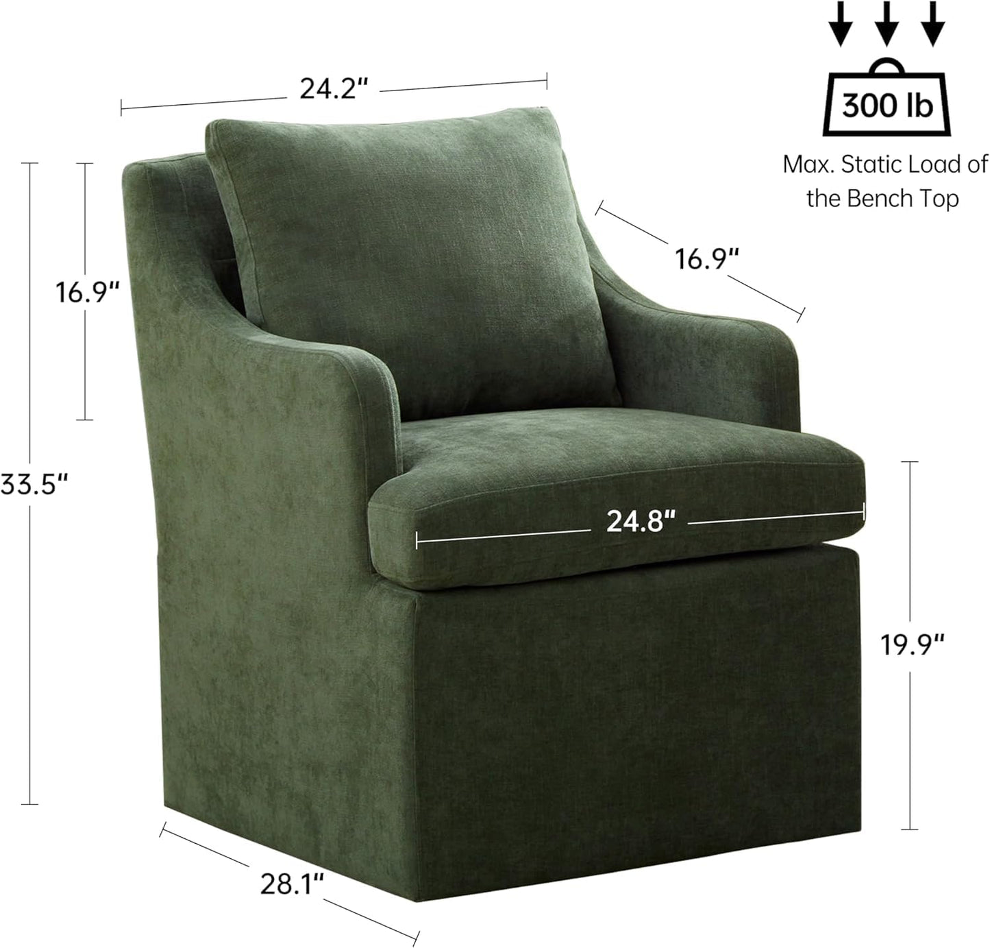 VKNOW Upholstered Dining Chairs Set of 4, Modern Kitchen Chairs Dinner Chairs with 4 Casters, Chenille Armchair for Bedroom Reading Room Living Room, Green
