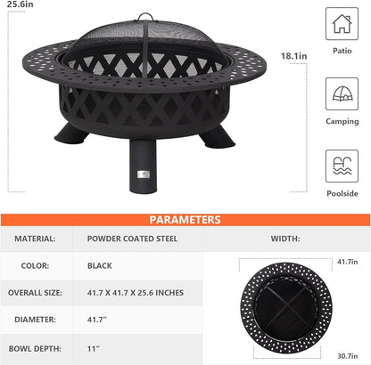 SUNCREAT 42” Patio Fire Pit Wood Burning with Mesh Spark Screen, Bonfire Outdoor firepit with Fireplace Poker, Black