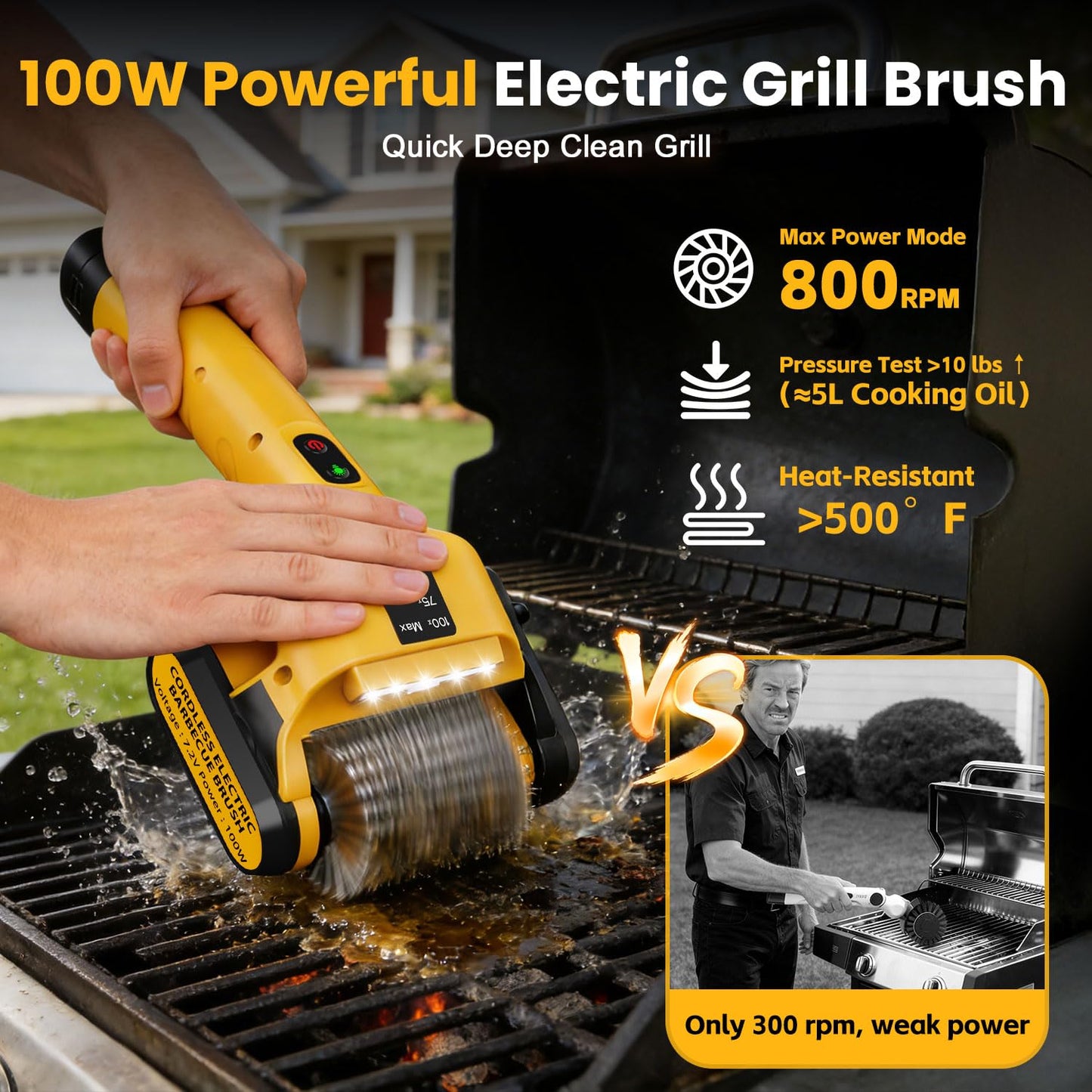 QIMEDO 5000mAh Electric Rotary Grill Brush - 800RPM Cordless