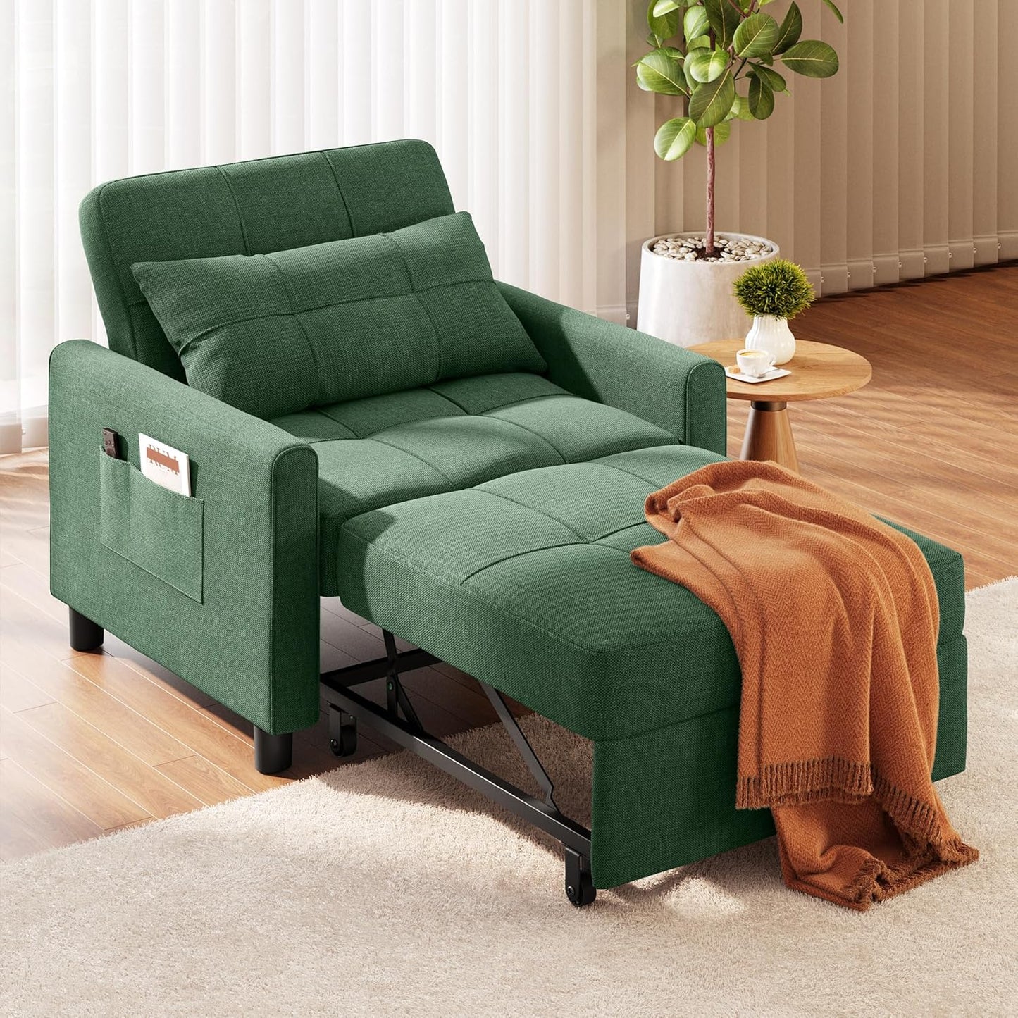 Ahomly Convertible Sleeper Chair Sofa Bed with 3-in-1 Design, Adjustable Backrest, and Storage Pocket for Living Room, Green