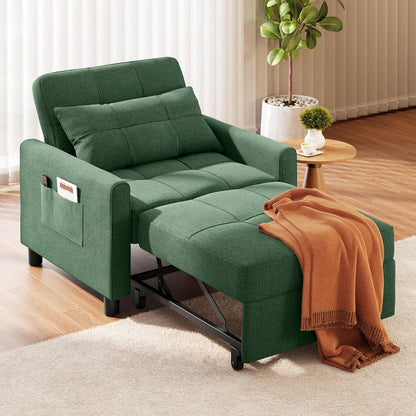Ahomly Convertible Sleeper Chair Sofa Bed with 3-in-1 Design, Adjustable Backrest, and Storage Pocket for Living Room, Green