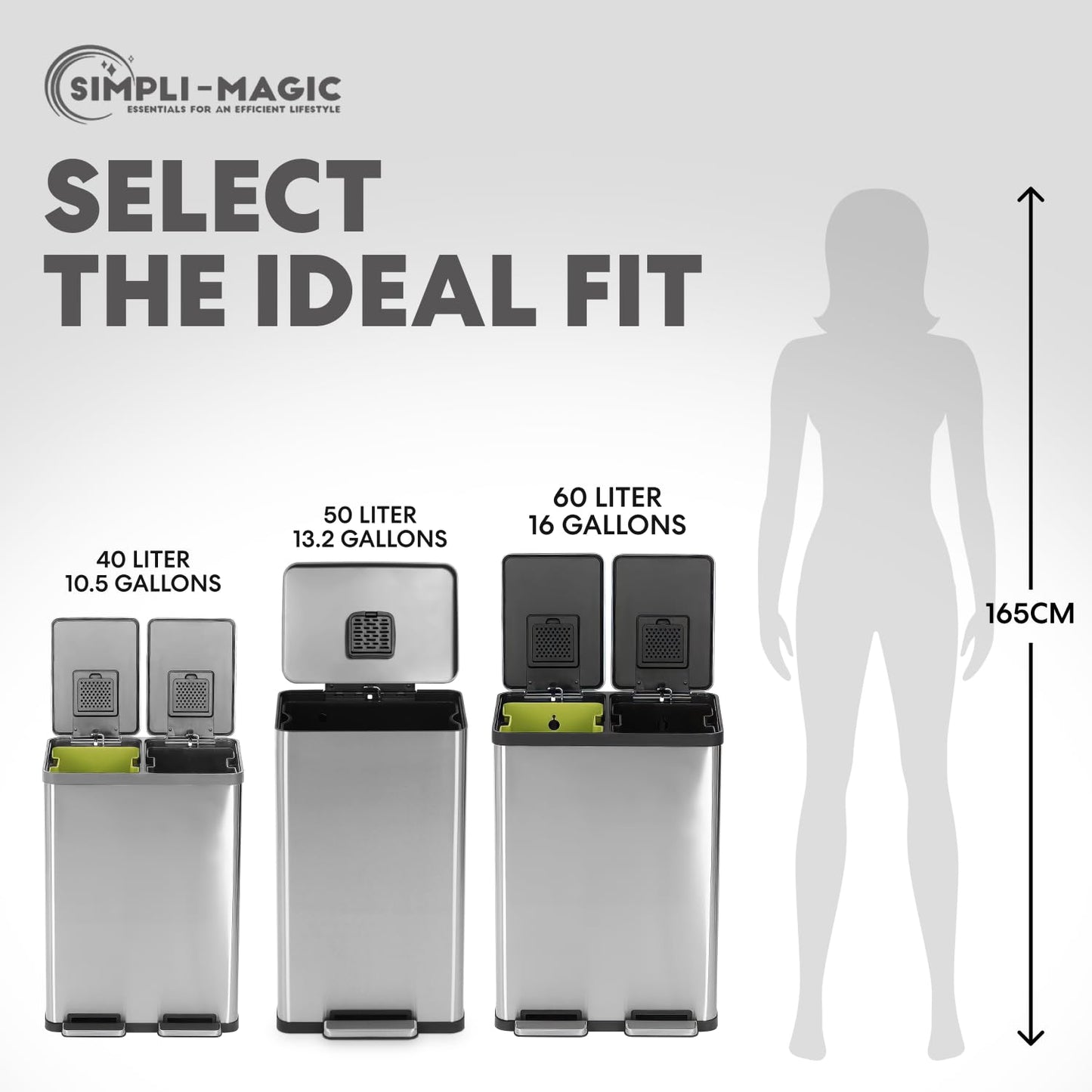 SIMPLI-MAGIC Soft-Close 50L Trash Can with Foot Pedal - Stainless Steel
