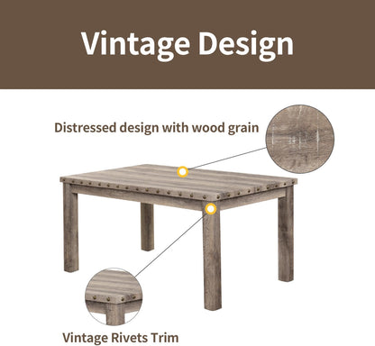 Morden Fort Rustic Dining Table Set for 6, Farmhouse Kitchen Dining Chairs for 6, Charming 60" Rectangular Wooden Table&6 Upholstered Chair with Nailhead Accents for Dining Hub,Breakfast Nook