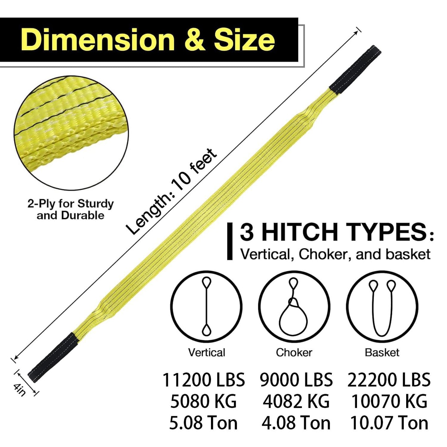 4" x10ft 2-Ply Heavy Duty Lifting Sling Straps 11200 lbs Vertical Nylon Lifting Gear Straps with Flat Eyes, Recovery Tree Saver Strap for Winch, Truck, Towing, Hoisting Off-Road Vehicles