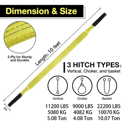 4" x10ft 2-Ply Heavy Duty Lifting Sling Straps 11200 lbs Vertical Nylon Lifting Gear Straps with Flat Eyes, Recovery Tree Saver Strap for Winch, Truck, Towing, Hoisting Off-Road Vehicles
