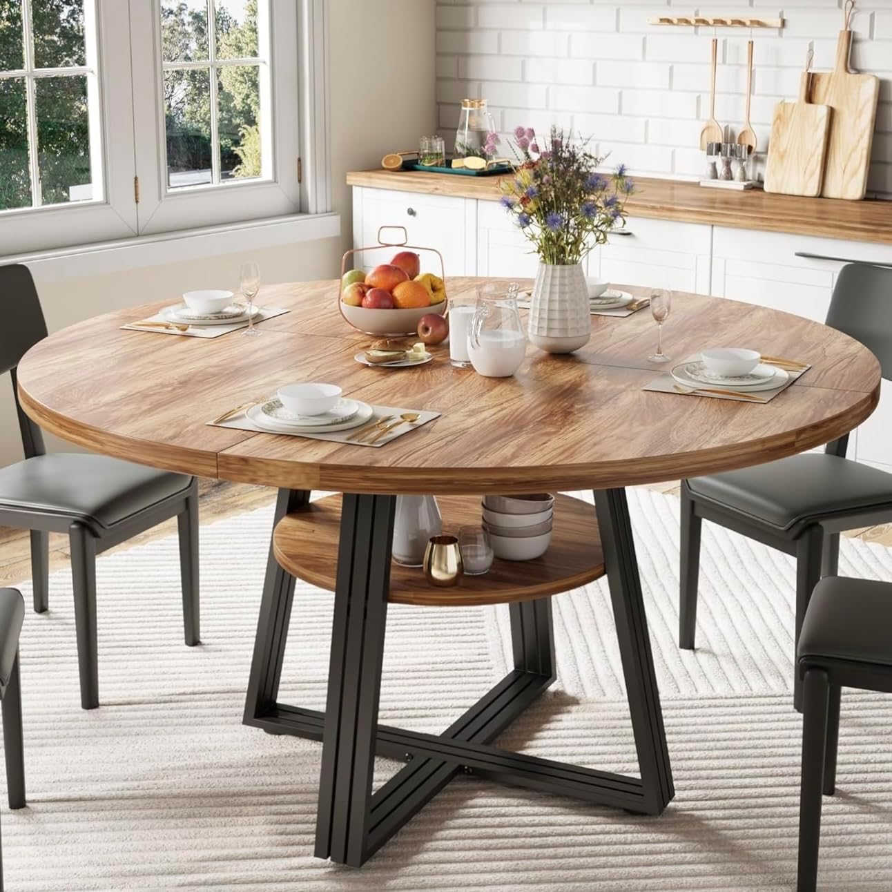 GarveeHome 47 Inch Round Dining Table for 4-6, Farmhouse Pedestal Kitchen Table with Storage Shelf, Space-Saving Circle, for Kitchen, Dining Room, Living Room, Apartment, Table Only- Retro